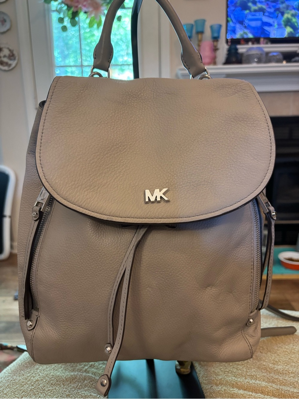 Michael Kors Grey Pebbled Leather Backpack with Silver MK Logo